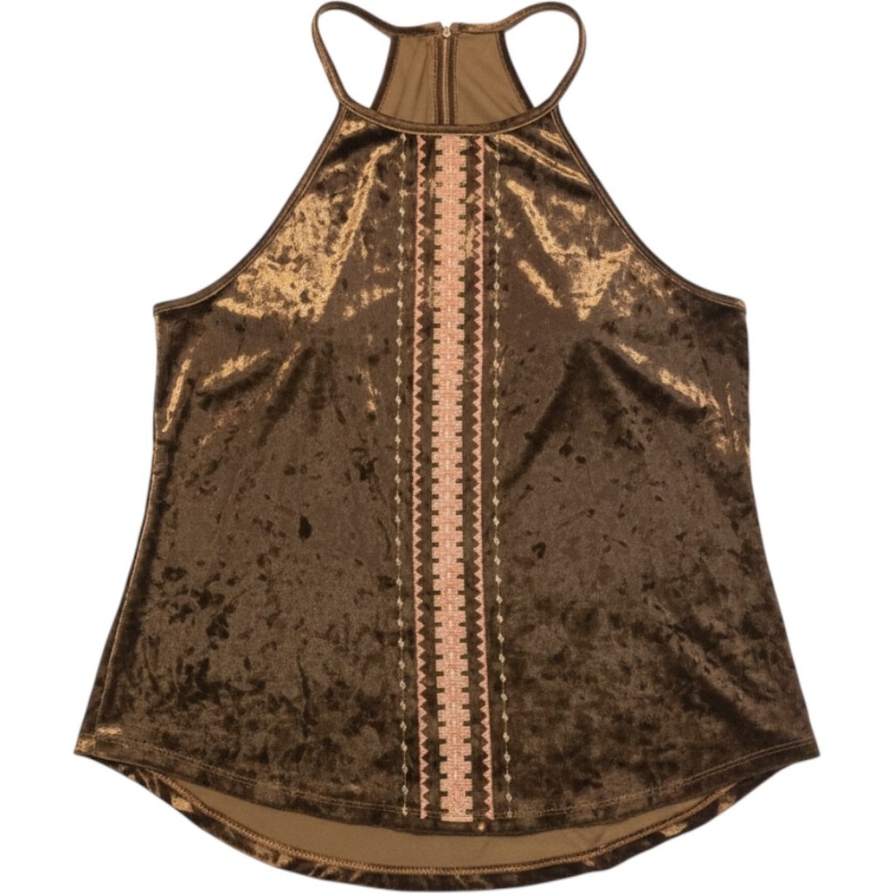 THML Bronze Crushed Velvet Halter Tank Top Embroidered Boho Blouse FTM291 Medium